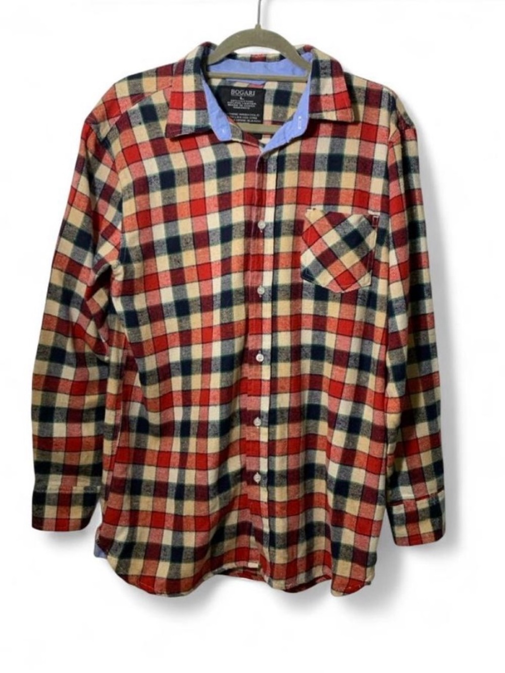 BOGARI Men’s L Plaid Flannel Button-Up Shirt Long Sleeve Pocket Red Navy Beige